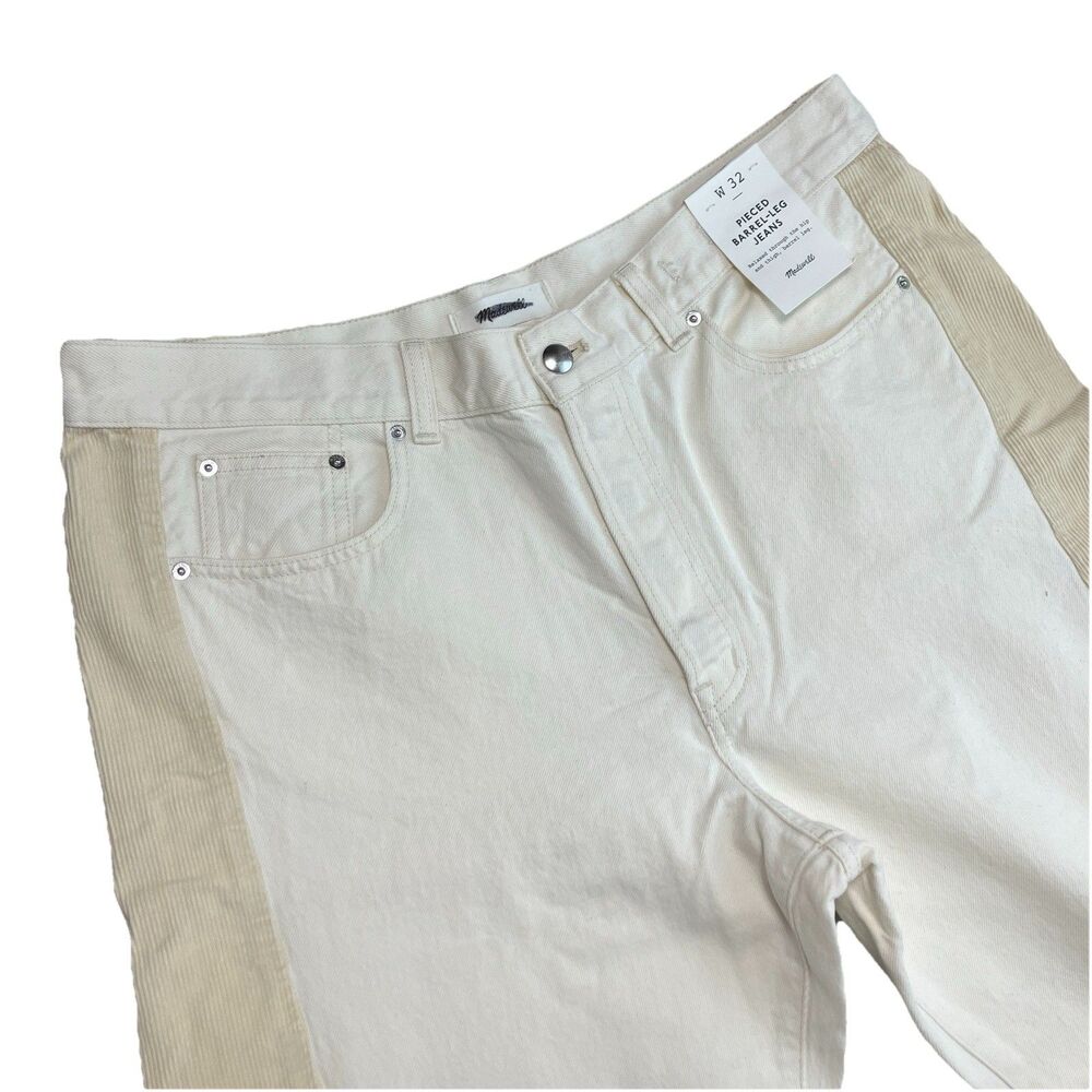 Madewell Pieced Barrel Leg Jeans Womens 32 Ivory Corduroy Panel Rigid NWT